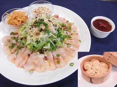 マンドゥ、鯛の刺身中華風、豆腐花