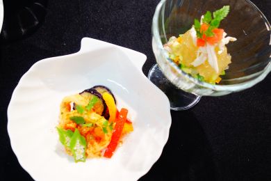 スルメイカと夏野菜のマリネ　野菜のジュレスープ