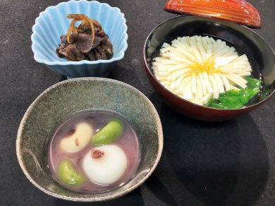 菊花豆腐、時雨煮、白玉汁粉