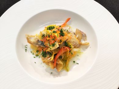 鯵のエスカベッシュ　オニオングラタンスープ