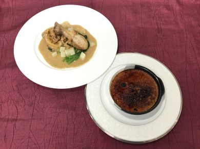 若鶏もも肉のブレゼ ノルマンディー風　塩キャラメルのクレーム・ブリュレ